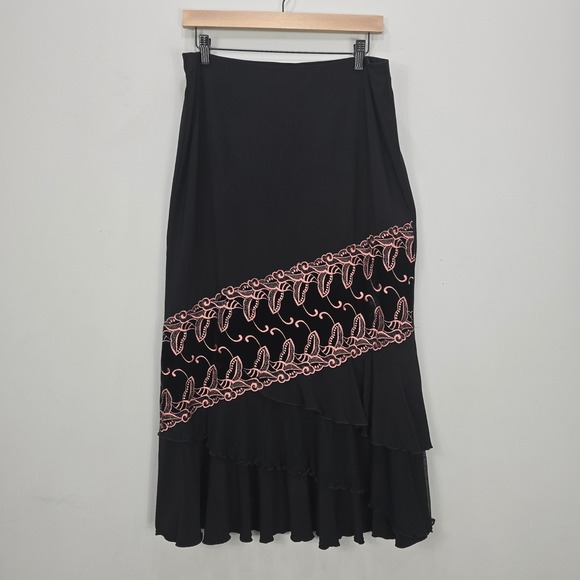Vtg Y2k Maxi Skirt 16 Velvet Embroidered Ruffle Tiered Fairy Grunge Whimsigoth - Picture 1 of 10